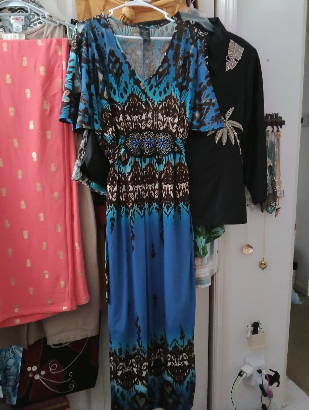 Faded Glory beaded Ikat maxi dress w/waist tie, 2X